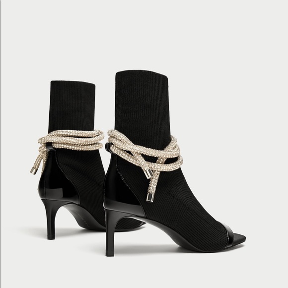 Zara Shoes - SOLD! Zara Black Open Toe Ankle Boots Jewel Cord